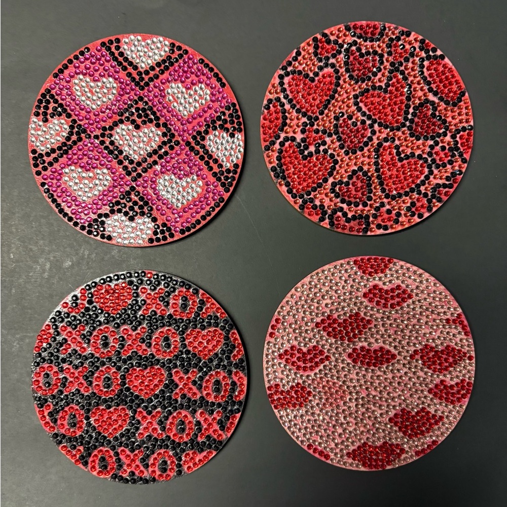 Crystal Rhinestone Heart Set - Red Pink Black Handmade Beaded Coasters Four New